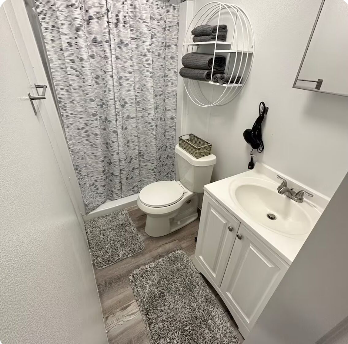 Hair dryer, towels, soap, toilet paper