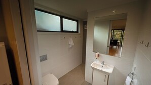 A modern bathroom with a toilet, sink, and mirror.