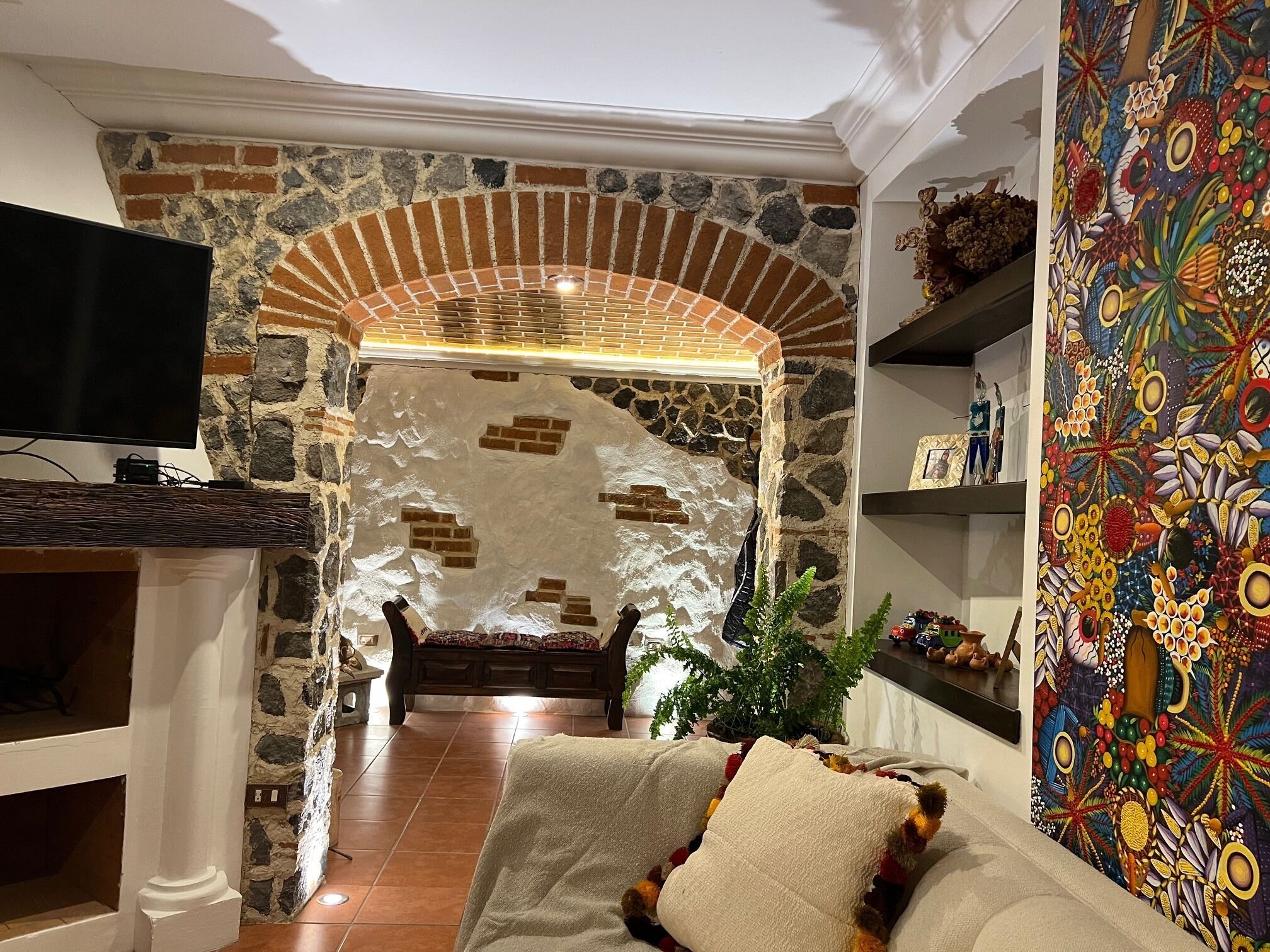 Smart TV, fireplace, books, music library