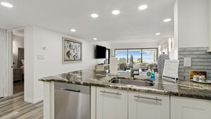 Een moderne keuken met granieten aanrechtbladen, roestvrijstalen apparatuur en een groot raam met uitzicht op de omgeving.