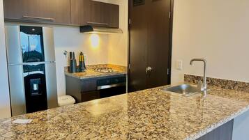 Fridge, microwave, oven, cookware/dishes/utensils