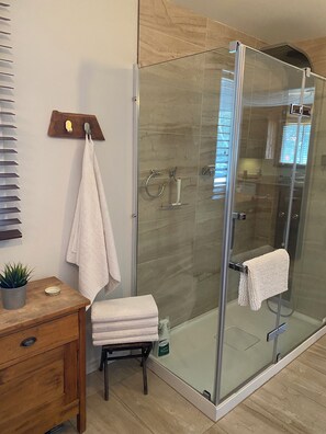 Shower, towels, soap, toilet paper