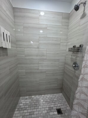 Hair dryer, towels, soap, shampoo