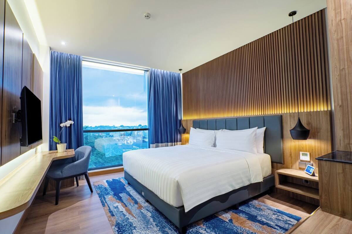 Habitación de hotel moderna con una cama grande, un escritorio, un televisor de pantalla plana, una silla y vistas a la ciudad.