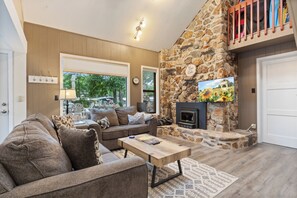 Smart TV, fireplace, books