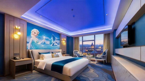 Une chambre d’hôtel avec un grand lit, une vue sur la ville, une télévision et une fresque murale.