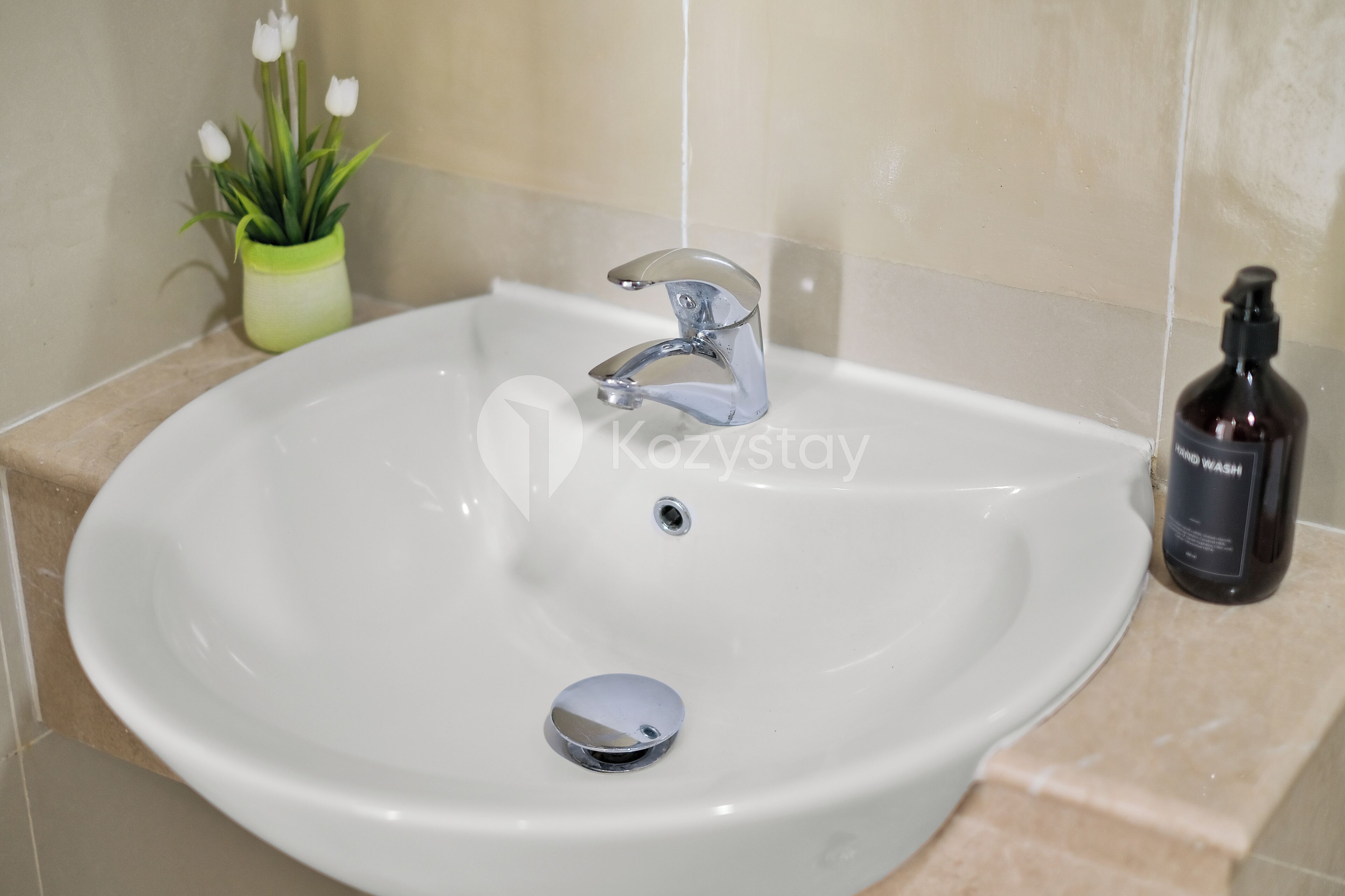 Un lavabo blanc dans la salle de bain, avec un robinet chromé, une petite plante en pot aux fleurs blanches et un flacon de savon liquide pour les mains.