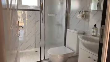 Shower, towels, toilet paper