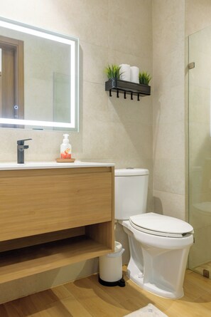 Douche, serviettes fournies, papier toilette