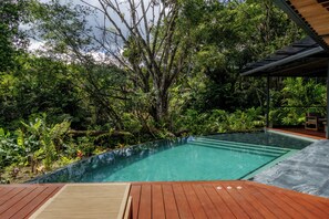 Una piscina envoltada de vegetació abundant, un pont de fusta i una zona coberta.