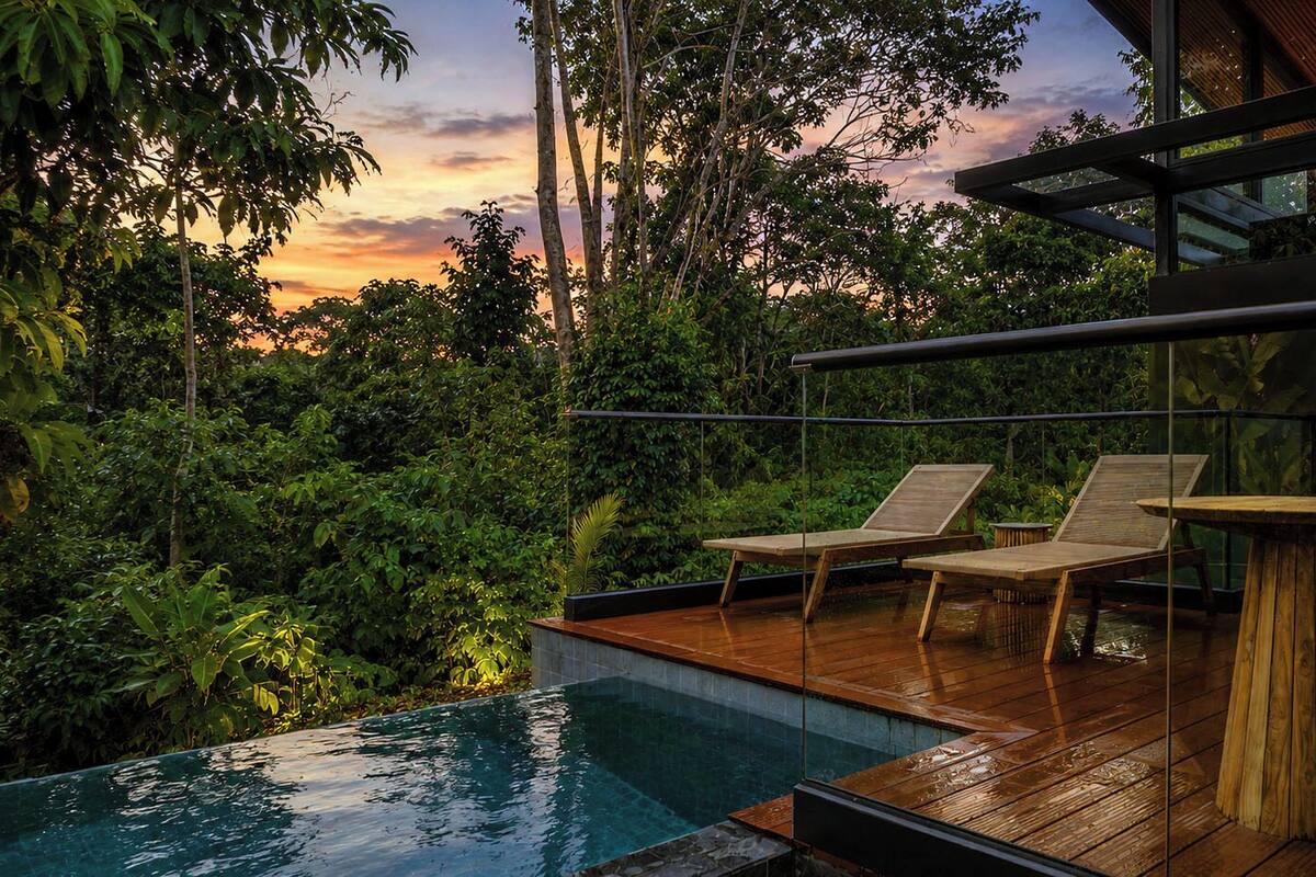 An infinity pool with wooden deck chairs, surrounded by lush greenery and a sunset view.
