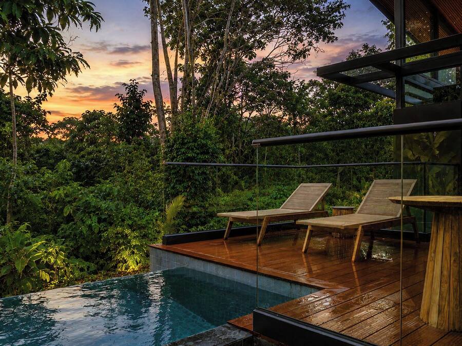 Piscina infinita com espreguiçadeiras de madeira, cercada por vegetação exuberante e vista para o pôr do sol.