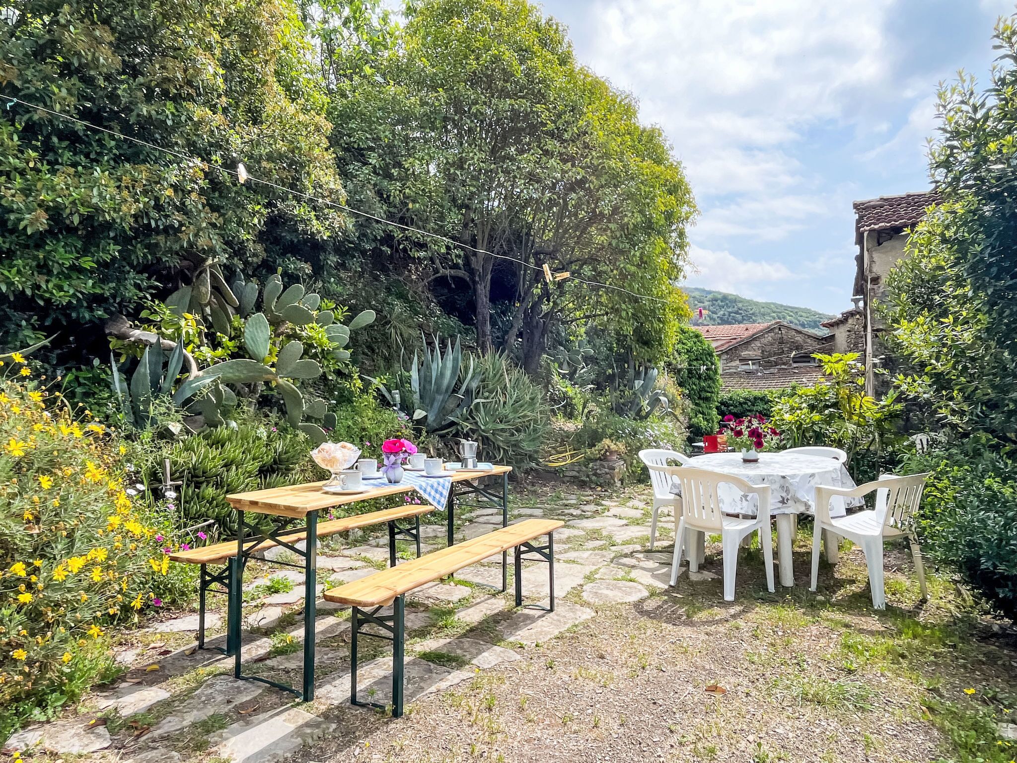 An outdoor patio with a table and benches, surrounded by lush greenery and a stone pathway.
