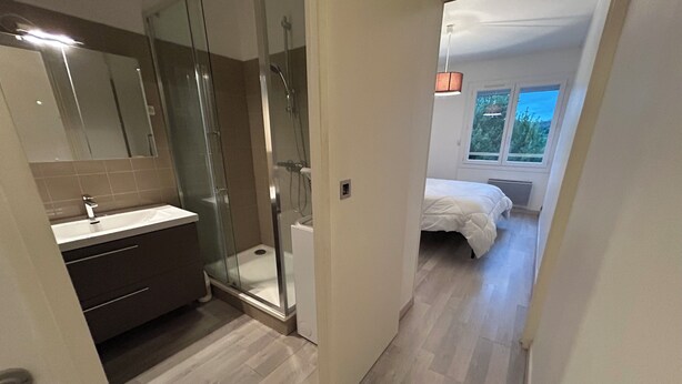 Une salle de bain moderne avec une douche à parois de verre, un meuble-lavabo avec un miroir et un lavabo blanc.