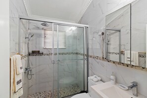 Hair dryer, towels, soap, shampoo