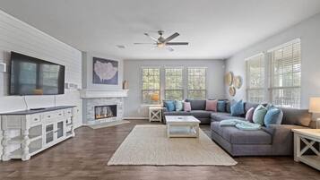 Smart TV, fireplace, books