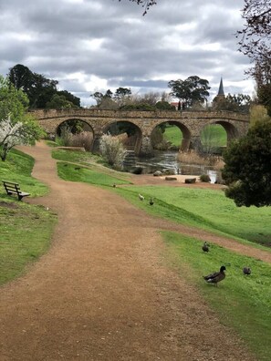 Un puente de piedra sobre un río, un sendero de tierra y patos en un parque.