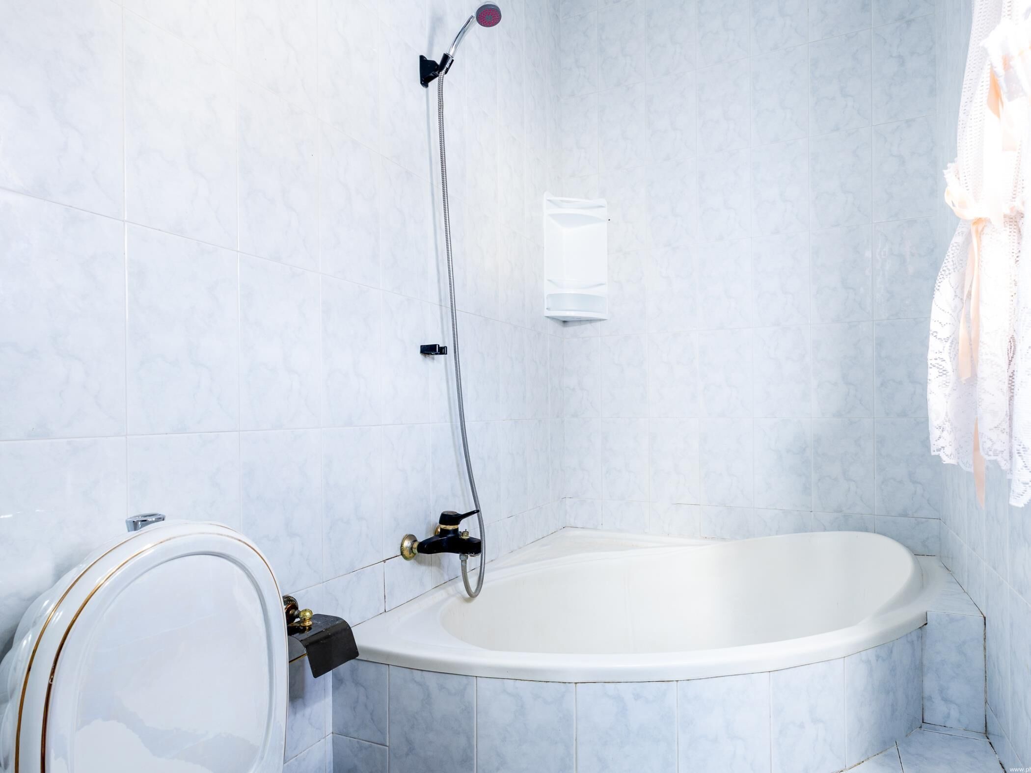 Une salle de bain avec une baignoire, des toilettes et une douche.