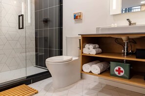 Douche, séchoir à cheveux, serviettes fournies, shampooing