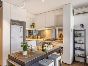 Fridge, microwave, oven, dishwasher