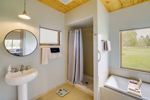 Hair dryer, towels, shampoo