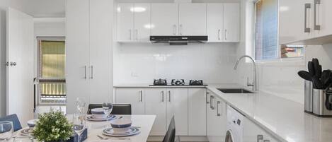 Fridge, microwave, stovetop, toaster