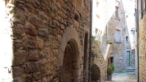 A narrow stone alley with an arched doorway, cobblestone path, and a building with a green window and door. - Charming studio in lovely Les Vans, National Park Monts d'Ardèche, river nearby. (Les Vans)