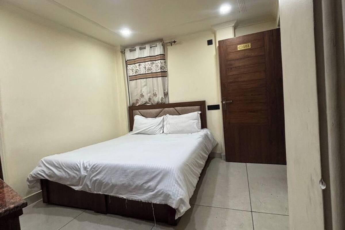 A bedroom with a bed, a wooden door, and a ceiling light.