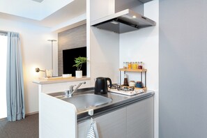 Großer Kühlschrank, Mikrowelle, Herdplatte, Wasserkocher