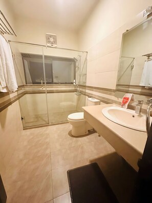 A modern bathroom with a glass-enclosed shower, a toilet, and a sink with a mirror. - Pasha Nova (Murree)