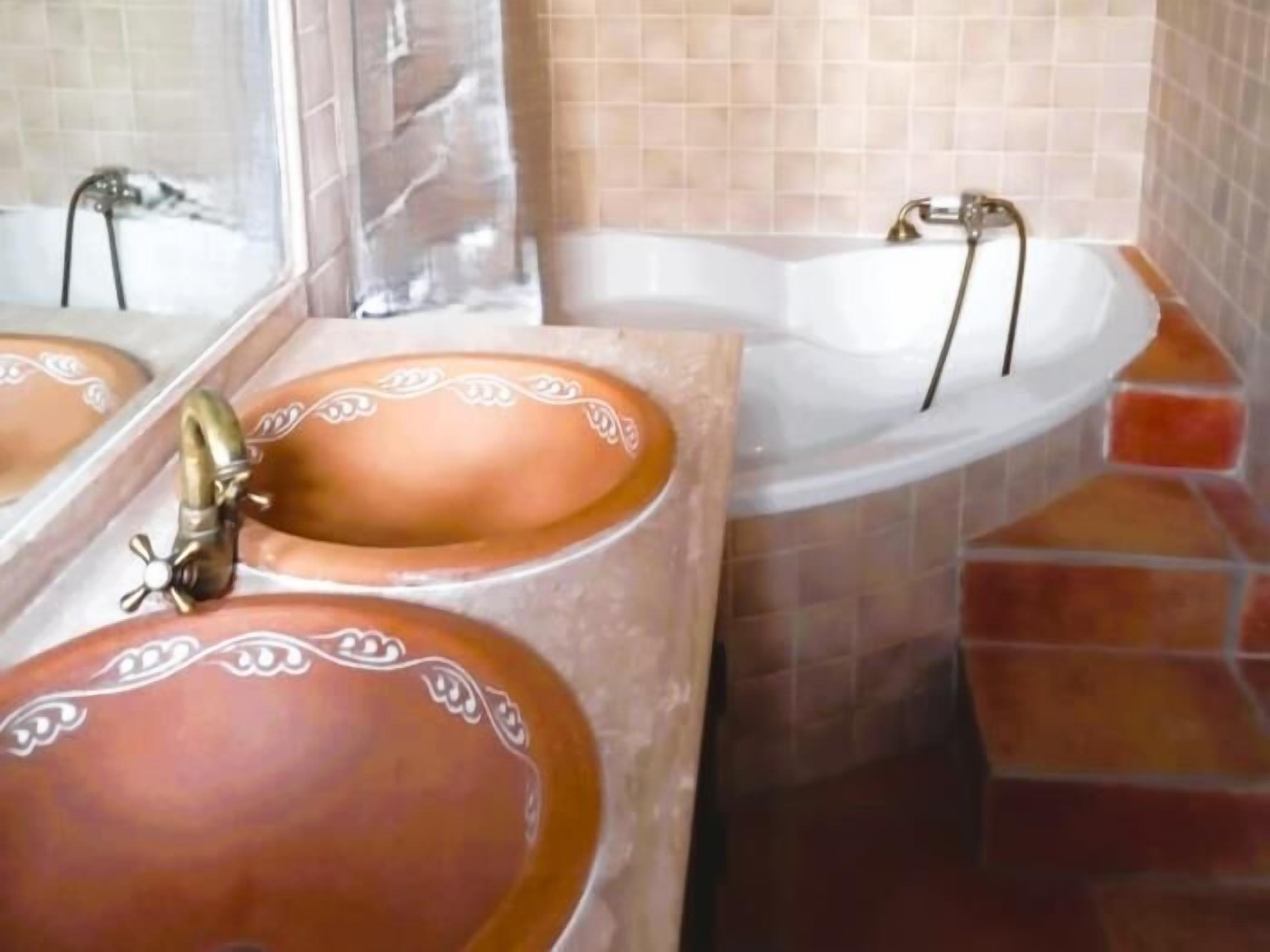Une salle de bain avec un grand lavabo ovale et une baignoire.