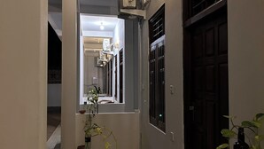 Un couloir avec une porte en bois sombre, un luminaire et une plante en pot.
