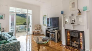 Smart TV, fireplace, books
