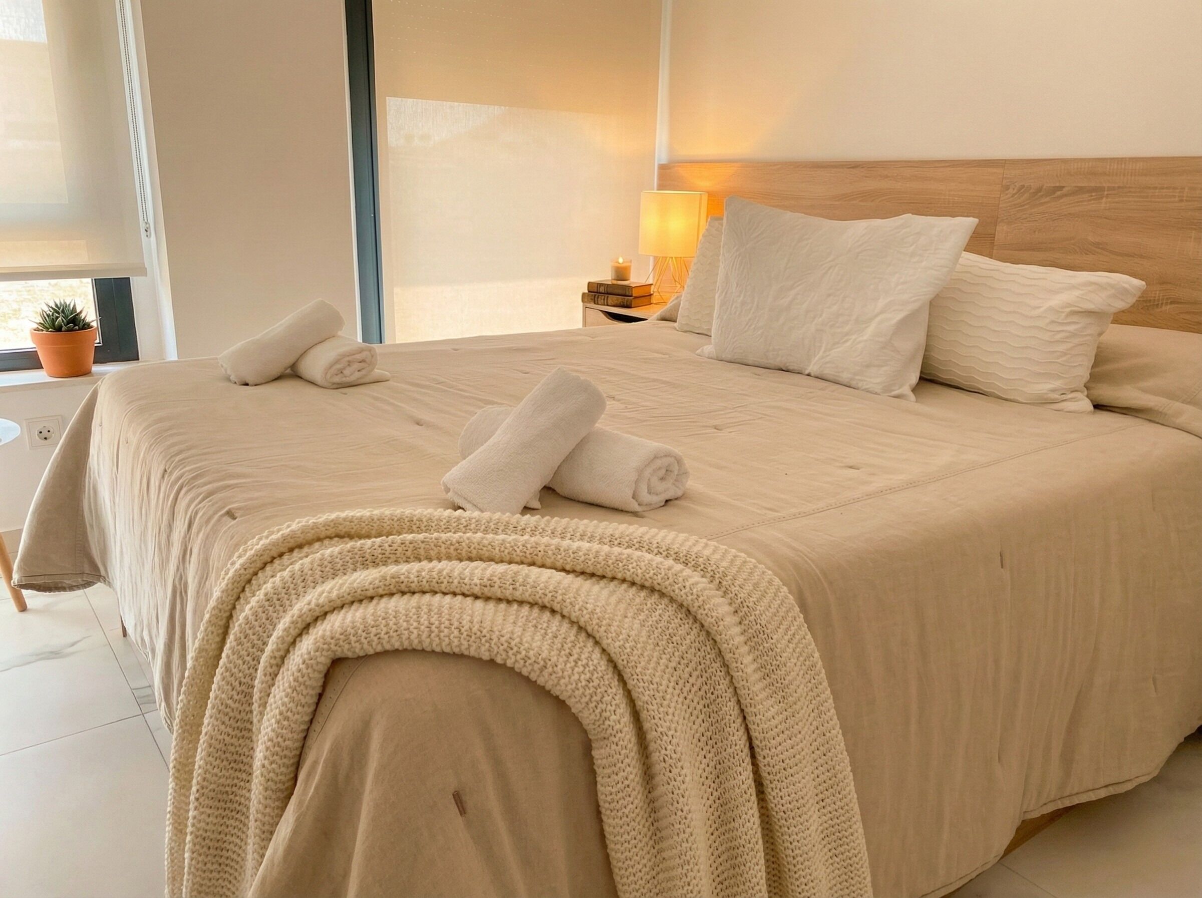 A neatly made bed with a beige duvet, pillows, and a knitted throw blanket.