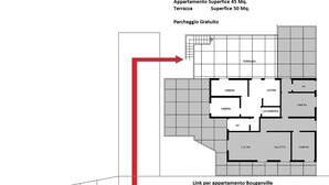Plan d’étage d’un appartement de 45 mètres carrés avec terrasse, comprenant une salle de bain, une cuisine et deux chambres.