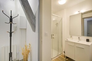 A modern bathroom with a glass shower enclosure, a white sink, and a large mirror.