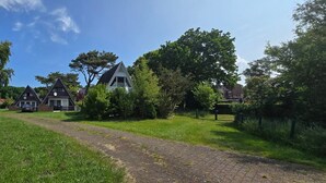 Ett bostadsområde med en asfalterad gångväg som leder till hus med tydligt distinkta arkitektoniska stilar.