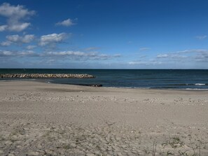 Een strand met een rotsachtige zeedijk, zandvlakte en schaarse begroeiing.