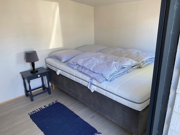 Une chambre à coucher avec un lit, une table de chevet avec une lampe, une tête de lit de couleur foncée et un tapis bleu.
