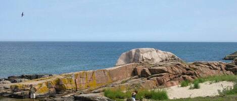 Eine Küstenlandschaft mit großen Felsen, einem Sandstrand und freiem Blick auf das Meer.