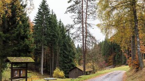 A rustic cabin with a wooden structure, a picnic table, and a small shed in a forested area. - Single Room with Shared Terrace, Balcony, and Wi-Fi (Altensteig)