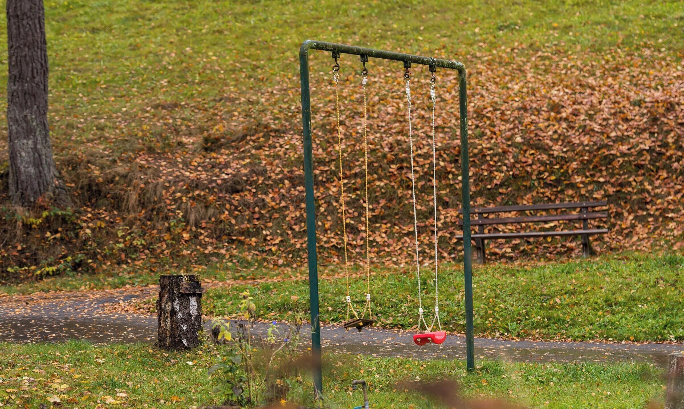 En park med en gunga, en bänk och en trädstam.