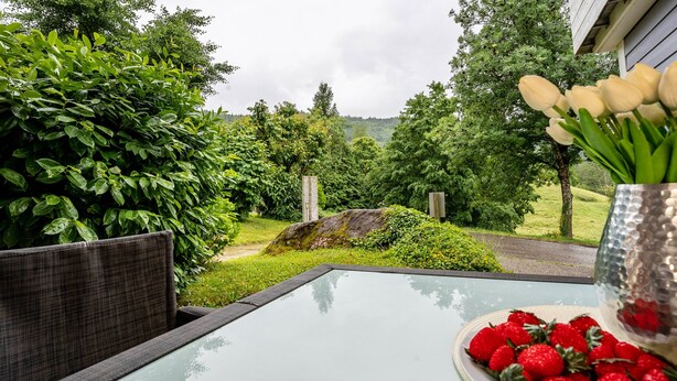 A glass table with a plate of strawberries and a vase of tulips on a balcony overlooking a garden. - Apartment 'Talblick' with Mountain View, Private Terrace and Wi-Fi (Loffenau)