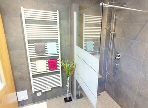 Shower, hair dryer, towels