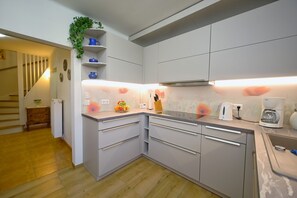 Fridge, microwave, oven, stovetop - Holiday Home 'Weitblick' with Mountain View, Private Terrace and Wi-Fi (Dresden)