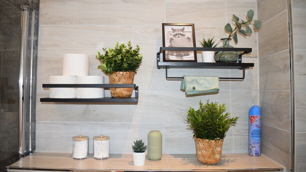Een badkamer met een douche, planken met toiletartikelen en potplanten.