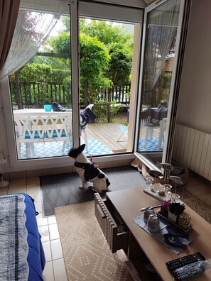 Een kamer met een schuifdeur naar een terras met een tafel en stoelen. Een hond zit bij de deur.