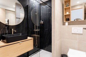 Shower, hair dryer, towels