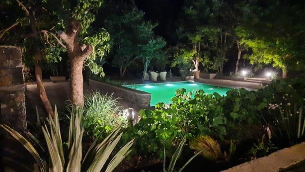 A nighttime view of a swimming pool surrounded by lush greenery and stone structures. - Bamboo Grove Lodge (Manpur)