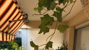 Un balcon avec une table et des chaises, des plantes en pot et une vue sur l’extérieur.